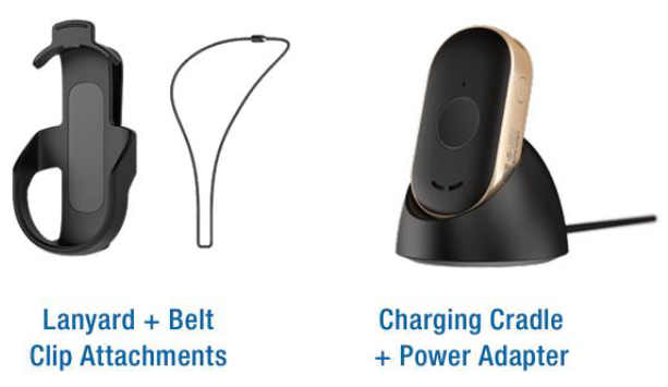 Lanyard and belt clip attachments with charging cradle and power adapter